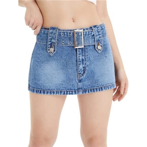 Y2K Belted Light‎ Wash Denim Mini Skirt Low Waist Extra Short Bodycon Skirt - Picture 1 of 6